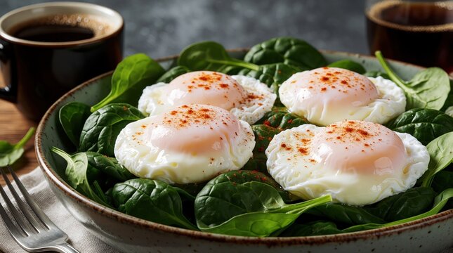Poached eggs with paprika on fresh green spinach leaves in ceramic bowl. Healthy breakfast meal served with black coffee in dark mug. Gourmet nutritious food for diet, wellness. Close up shot of