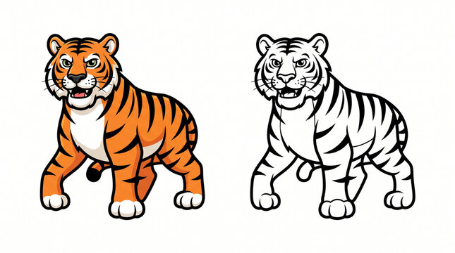 Two Identical Big Tiger Illustrations &ndash; Colorful and Black-and-White Vector Set