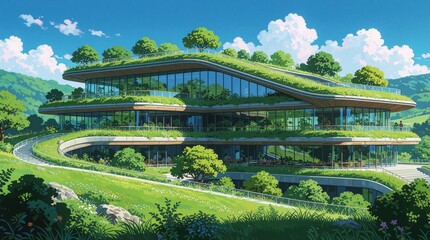 Fototapeta premium Modern eco-building with green roof and glass facade in rich landscape. Sustainable architecture blends with nature, offering serene workspace with natural light and outdoor views.