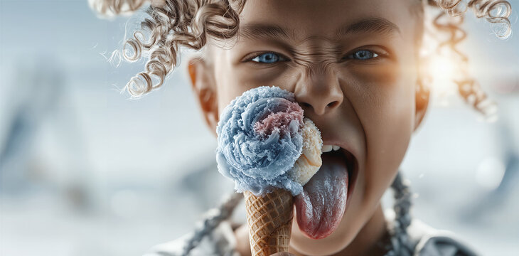 Playful kid with sweet swirl. Young child with curly hair savoring bright sugary dessert outside
