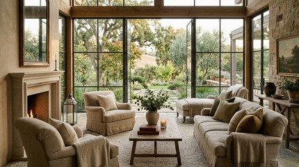 Fototapeta premium Cozy Living Room with Fireplace and Garden View