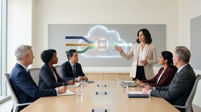 Executive team presenting AI cloud transformation strategy in corporate meeting