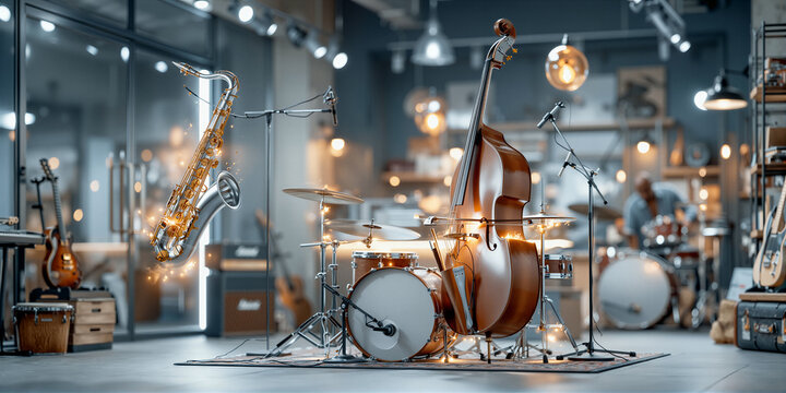 Musical instruments in harmony. Saxophone hovers over drums and bass in studio setting