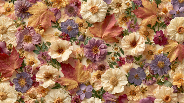Assorted colorful flowers and autumn leaves arranged for decorative background