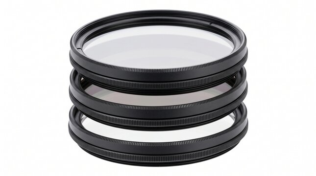 camera lens filter uv filter circular polarizing filter nd filter neutral density filter camera accessories lens protection optical glass filter stack on transparent background