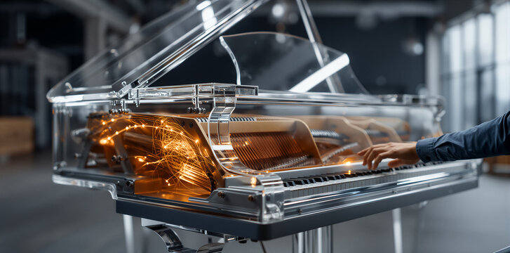 Solitary artist masterfully plays piano amidst sleek contemporary decor and soft lighting