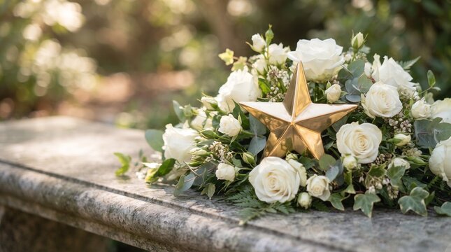 Golden star ornament nestled in a beautiful bouquet of fresh white roses on stone bench