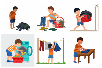 Fototapeta premium Little Boy Doing Laundry Chores Vector Set: Sorting, Washing, Carrying Basket, Drying on Clothesline, and Folding Clean Clothes Illustration