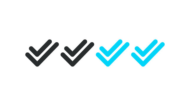 Minimalist vector graphic illustration featuring double check mark icons colored in professional black and vibrant cyan for clean interface design