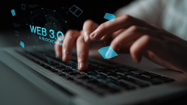 Hands Typing on Keyboard with Web 3.0 and Blockchain Technology Interface Overlay in Modern Workspace Environment. Entropy.
