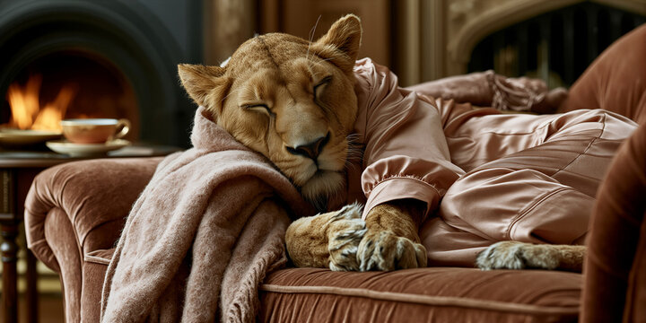 Charming anthropomorphic portrait of pampered tigeress relaxing in opulent leisure environment