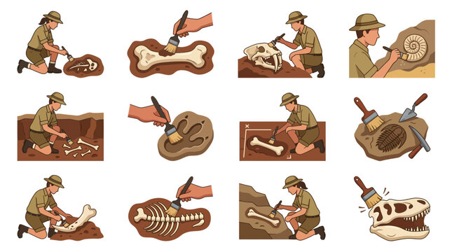 Paleontologists excavating dinosaur fossils in various poses.