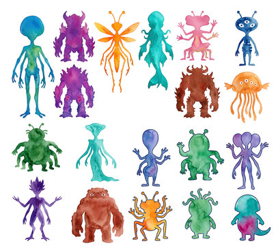 clipart set many monsters and alien silhouettes in watercolor style illustration isolated on a transparent background