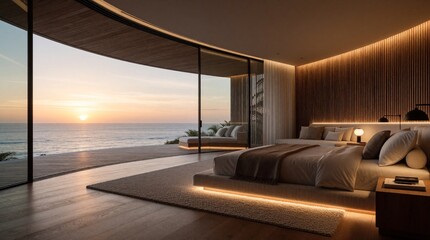 Fototapeta premium Modern luxury bedroom with huge glass walls overlooking ocean at sunset. Minimalist interior design features large bed, wooden walls, cozy terrace. Elegant master suite offers peaceful coastal view