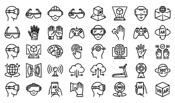 Collection of virtual reality augmented reality and metaverse technology outline icons digital experience symbols with augmented metaverse technology controller simulation interactive