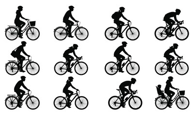 Naklejka premium Cycling silhouettes set featuring cyclists riding city bikes road race bicycles commuters and family with child seat vector illustration