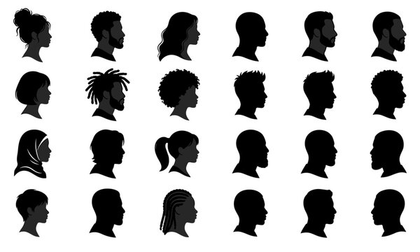Diverse collection of men and women profile silhouettes with various hairstyles and ethnicities isolated on white background