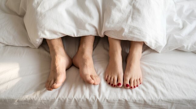 Couple Feet Peeking Out From White Blanket on Bed Overhead View Cozy Morning Relationship Concept