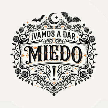 Texto vintage Halloween, Ilustraci&oacute;n vectorial en espa&ntilde;ol 'VAMOS A DAR MIEDO', Tipograf&iacute;a retro con murci&eacute;lagos y lunas, Dise&ntilde;o de caligrap&iacute;a para fiestas y sudaderas editable svg