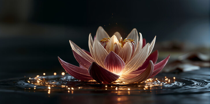 Floating flower with golden edges. Serene pink and white blossom on dark water surface