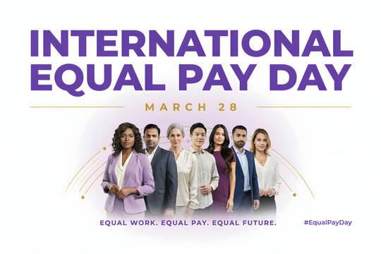 International equal pay day promotional banner featuring a diverse group of business people standing together for gender equality and fair pay