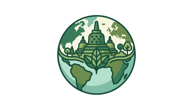 Borobudur temple silhouette integrated into leaf globe icon