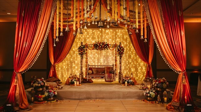 Traditional indian wedding mandap stage with floral decorations and lights
