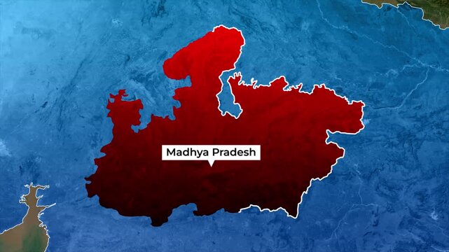 Video animation of Madhya Pradesh highlighted on an Indian state map, showing location pin and satellite terrain outline