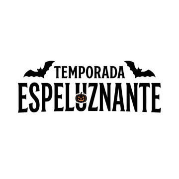 Texto Temporada Espeluznante de Halloween. Tipograf&iacute;a G&oacute;tica Con Murci&eacute;lago y Calabaza. Vector de Frases en Espa&ntilde;ol para fiestas. Dise&ntilde;o de Cartel de Miedo. Acento editable svg