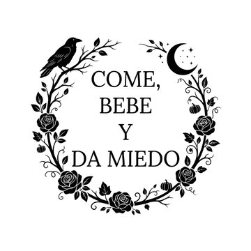 Monstruo de Halloween vintage con cuervo y rosas, ornamento floral circular negro, frase come bebe y da miedo, dise&ntilde;o de terror g&oacute;tico para estampados editable svg