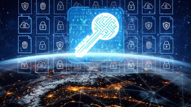 Digital Security Concept with a Key Symbolizing Data Protection Over Earth in a Futuristic Cyber Environment. Entropy.