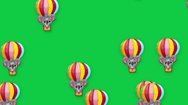 Animated Koala Characters Floating in Colorful Hot Air Balloons on Green Screen