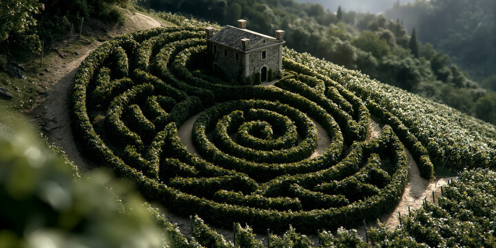 Serene garden layout. Peaceful retreat featuring round maze and stone tower ambiance