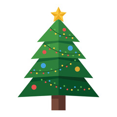 Obraz premium Green Christmas tree with gold star and colorful lights for holiday celebration isolated
