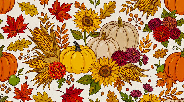 Seamless autumn harvest pattern with pumpkins, corn, sunflowers, fall leaves, and berries on a light background.