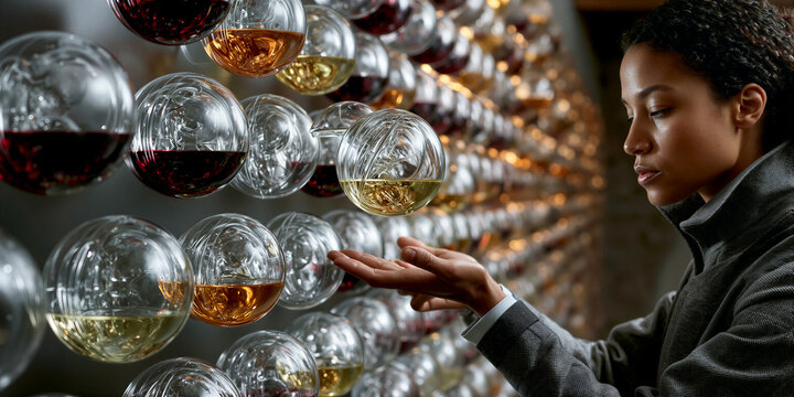 An elegant studio setup featuring woman analyzing aromatic globes with careful attention to detail