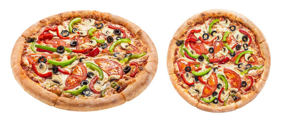 Fototapeta premium Set of freshly baked pizzas with vegetables, olives, mushrooms and cheese, isolated on transparent cutout background
