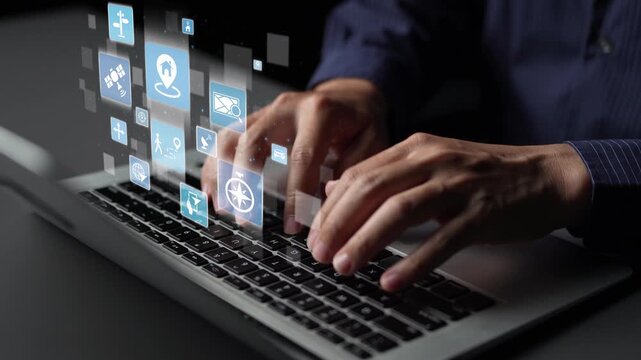 GPS icons show navigation, GPS tracking, and location. GPS supports real time maps, direction, and GPS navigation services for mobility and transport. Funnel