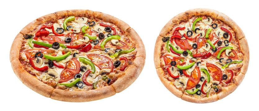 Set of freshly baked pizzas with vegetables, olives, mushrooms and cheese, isolated on transparent cutout background