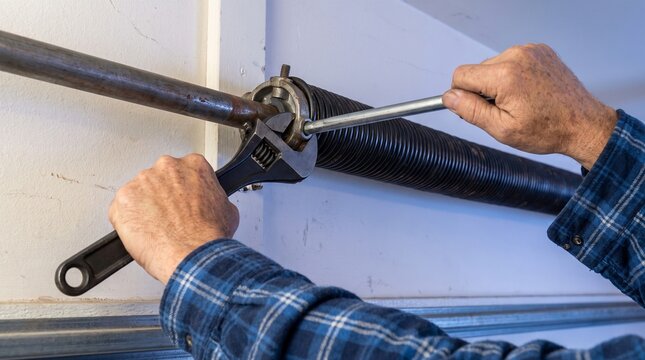 Mechanic Hands Repairing Garage Door Torsion Spring with Wrench and Winding Bar Service Concept