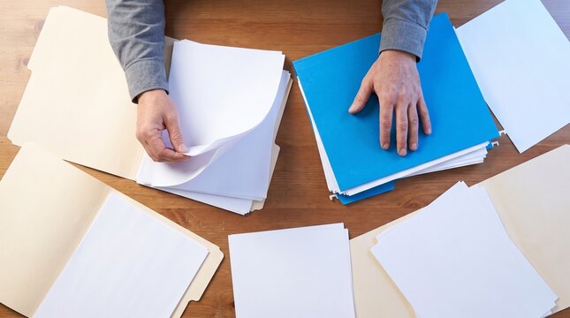 Hands Sorting Through Paper Documents in Manilla Folders on Office Wooden Desk Overhead Flat Lay