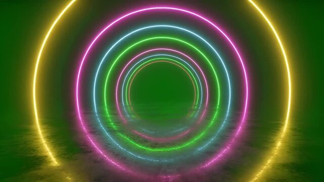 Neon concentric circles tunnel with reflections in dark green background