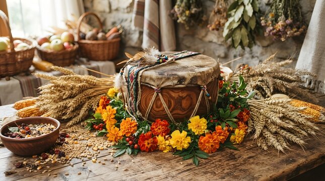Traditional folk drum decorated with wheat sheaves, autumn harvest vegetables, and marigold flowers on wooden table
