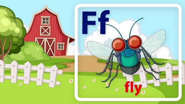 Educational Alphabet Animation Featuring Letter F and Cartoon Fly on Farm