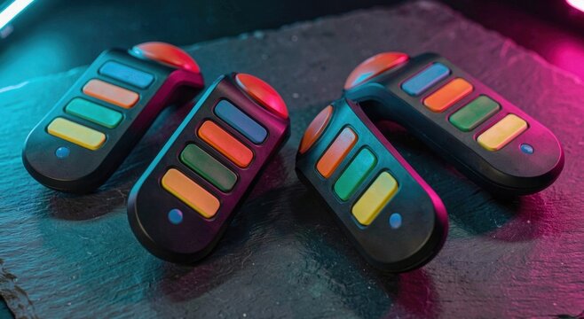 Four black gaming buzzers with colorful buttons on textured stone