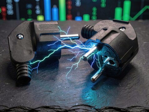 Two electrical plugs with blue lightning spark on dark surface