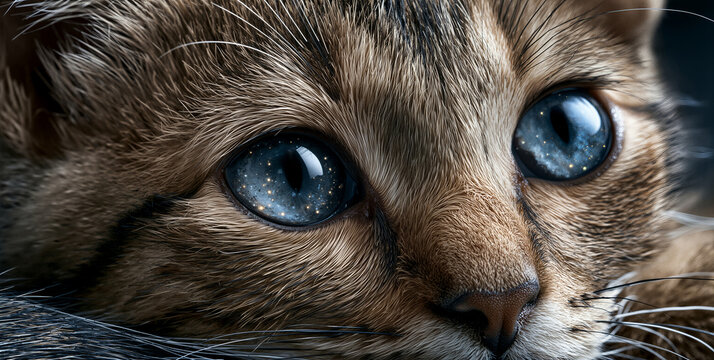 Young feline under starry sky. Adorable kitten staring at luminous starlight with calm serenity