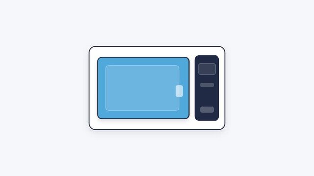 Three flat vector icons illustrating microwave oven door opening sequence in minimalist blue style