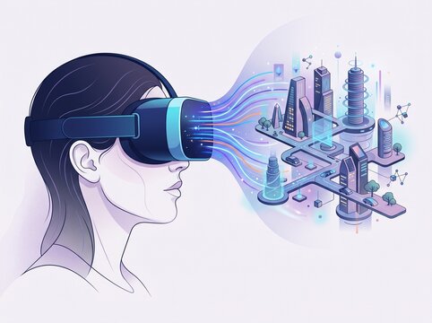 VR Headset Projecting a Futuristic Virtual City &ndash; Conceptual Technology Illustration