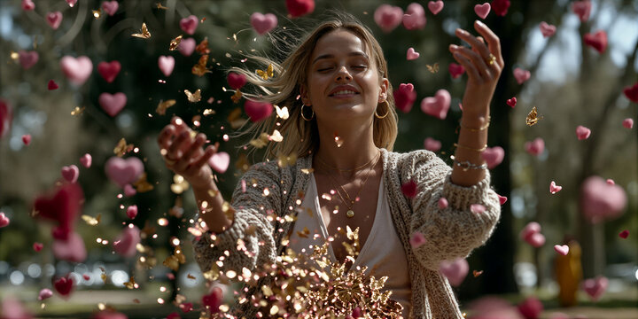Woman smiling amid festive scene. Happy woman in park surrounded by confetti and butterflies